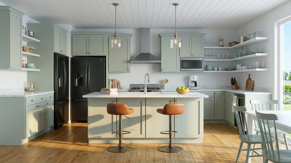Modern leather bar stools at a white marble island in a bright kitchen with mint green cabinetry.