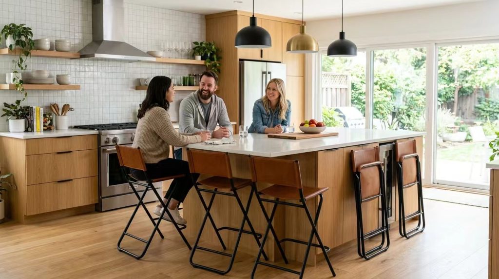 Modern folding bar stools with brown leather seats arranged around a wooden kitchen island with guests.