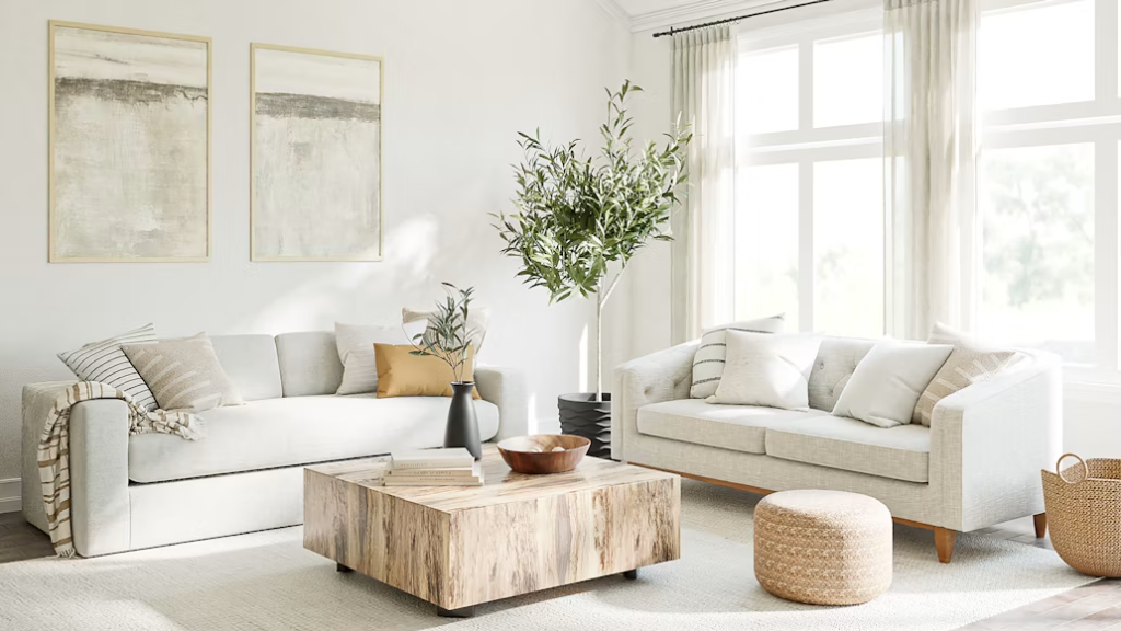Bright living room sets with two fabric white sofas, a block wood coffee table, and a woven ottoman pouf.