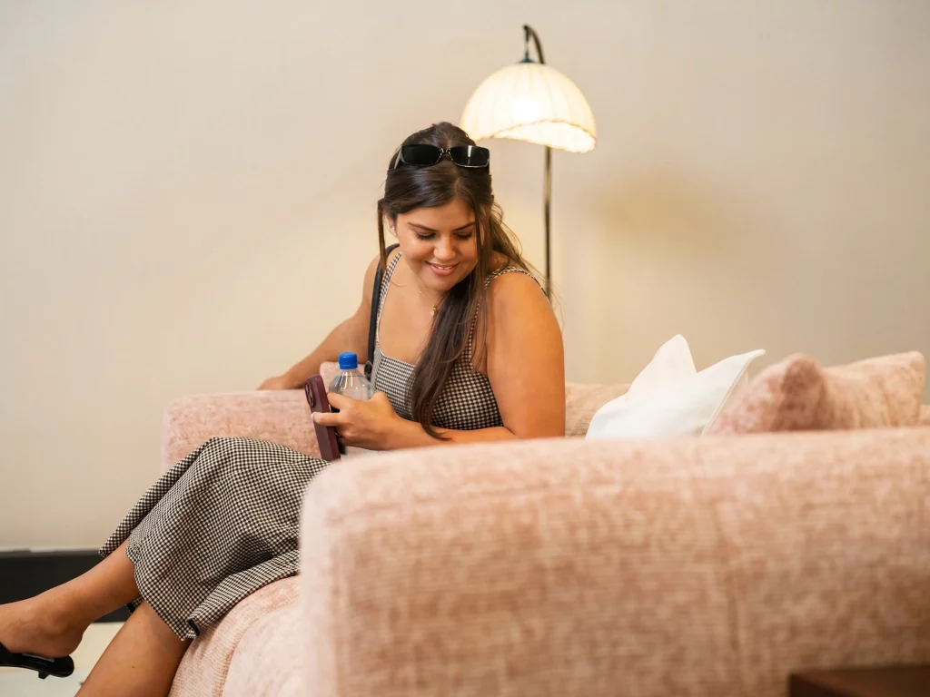 Feeling the sofa at Povison's in person