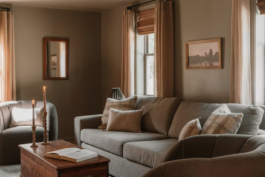 Cozy, muted olive textured loveseat sofa for small spaces styled with warm wooden tones and soft candlelight.