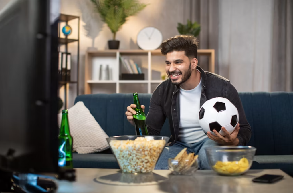 Excited man with chips and beer sitting on cozy sofa and watching sport TV
