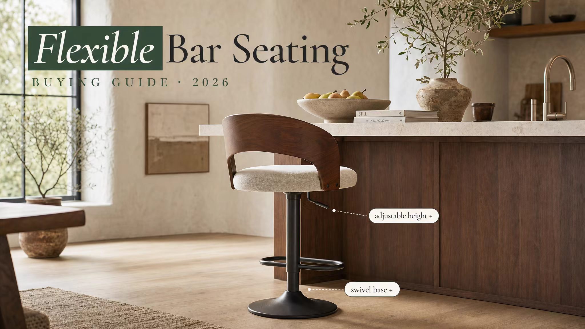 A modern wooden bar stool with an adjustable height and swivel base near a kitchen island counter.