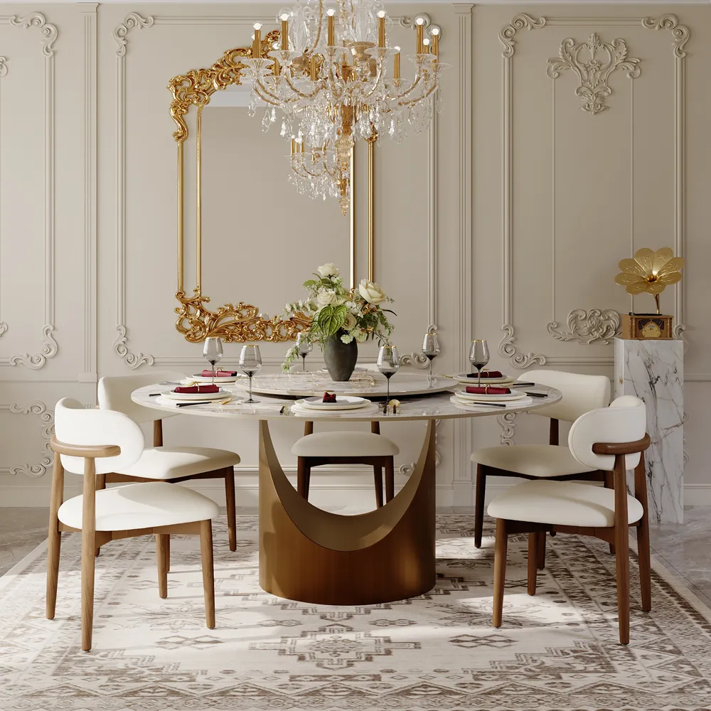 Glossy round sintered stone dining table with white chairs on a patterned rug beneath a chandelier in an elegant dining room.