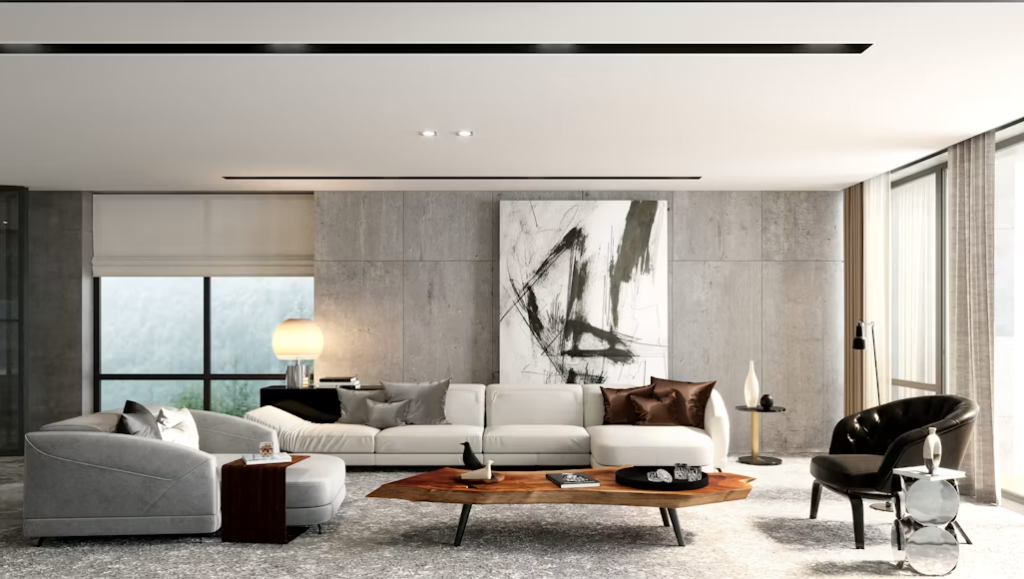 Premium modern sofa sets with a white leather sectional, a live-edge wood coffee table, and an industrial backdrop.
