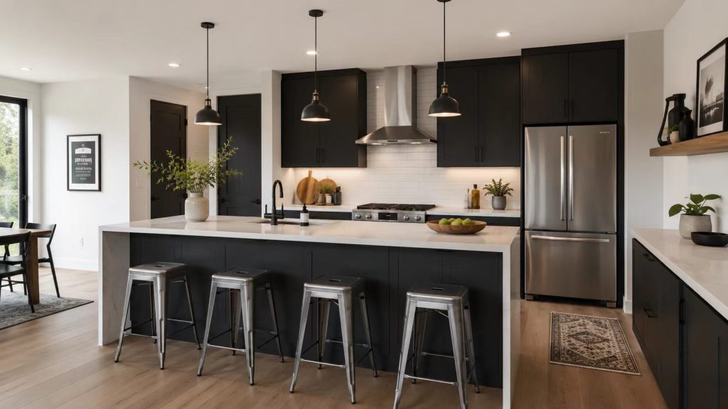 Classic industrial metal bar stools with a silver metallic finish tucked under a large dark grey kitchen island.