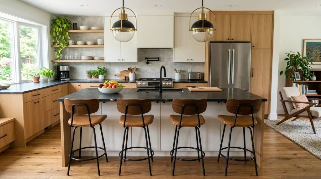 Four mid-century bar stools featuring tan leather cushions and black metal legs set at a dark kitchen counter.