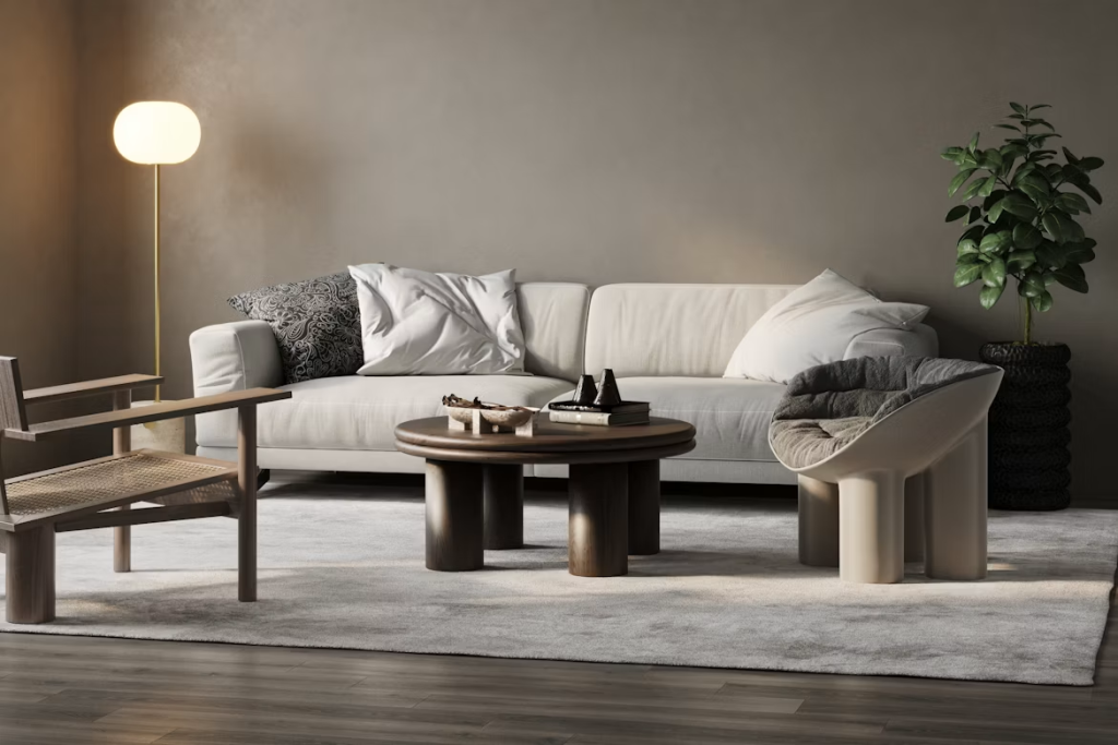 Round dark wood living room table sets paired with a low white sofa and an aesthetic accent armchair.