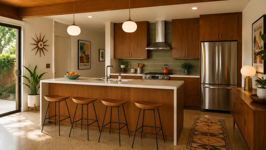 Sleek metal bar stools with warm contoured wooden seats positioned at a mid-century modern wooden kitchen counter.