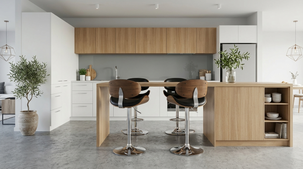 Contemporary wooden bar stools with black leather seats placed at a natural oak kitchen island bar.