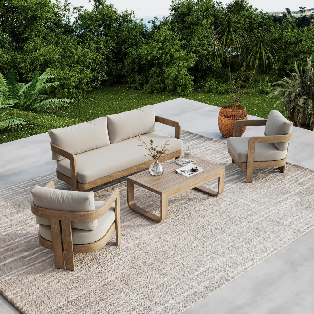 A compact outdoor lounge chair with neutral cushions and aluminum frame, styled on a clean patio for low-maintenance outdoor seating.