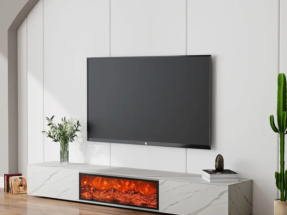 Contemporary low-profile marble-patterned electric fireplace TV stand with LED flame insert, placed under wall-mounted TV in a sleek minimalist room.”