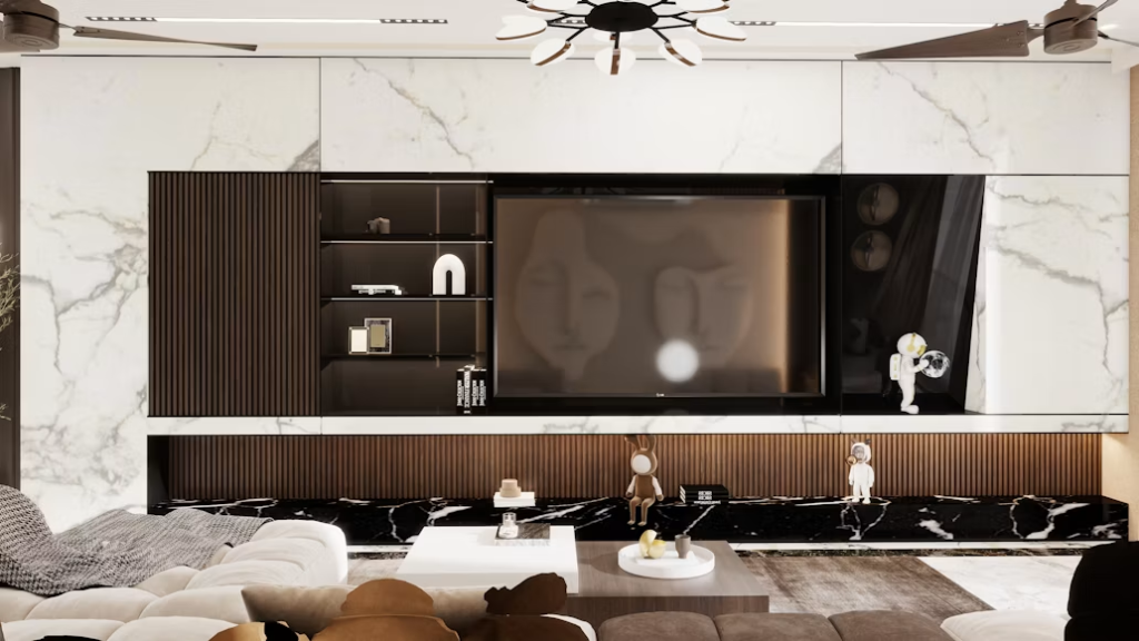 Upscale living room sets featuring an integrated marble TV wall cabinet and comfortable low-profile seating.