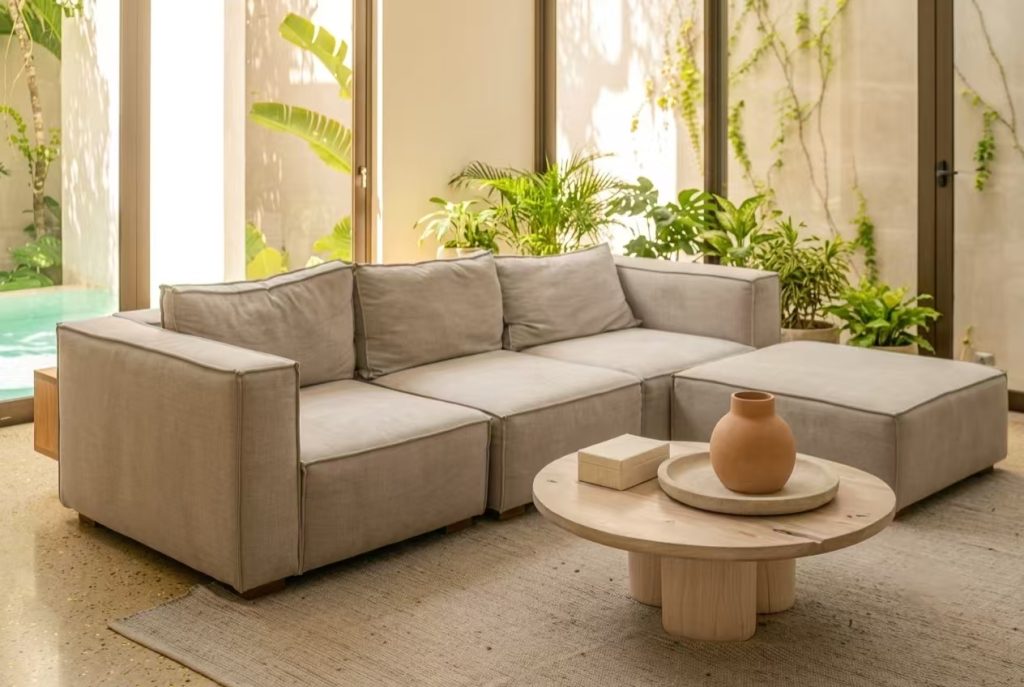Light grey linen modular sofa bed for small spaces paired with a wooden coffee table in a bright, sunlit room.