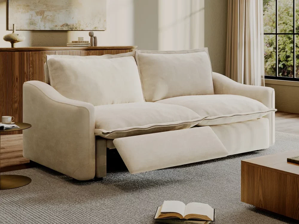 POVISON Ergopals Power Pillow Back Reclining Loveseat with pet-friendly fabric for pet owners near a coffee table and a console table in a bright living room