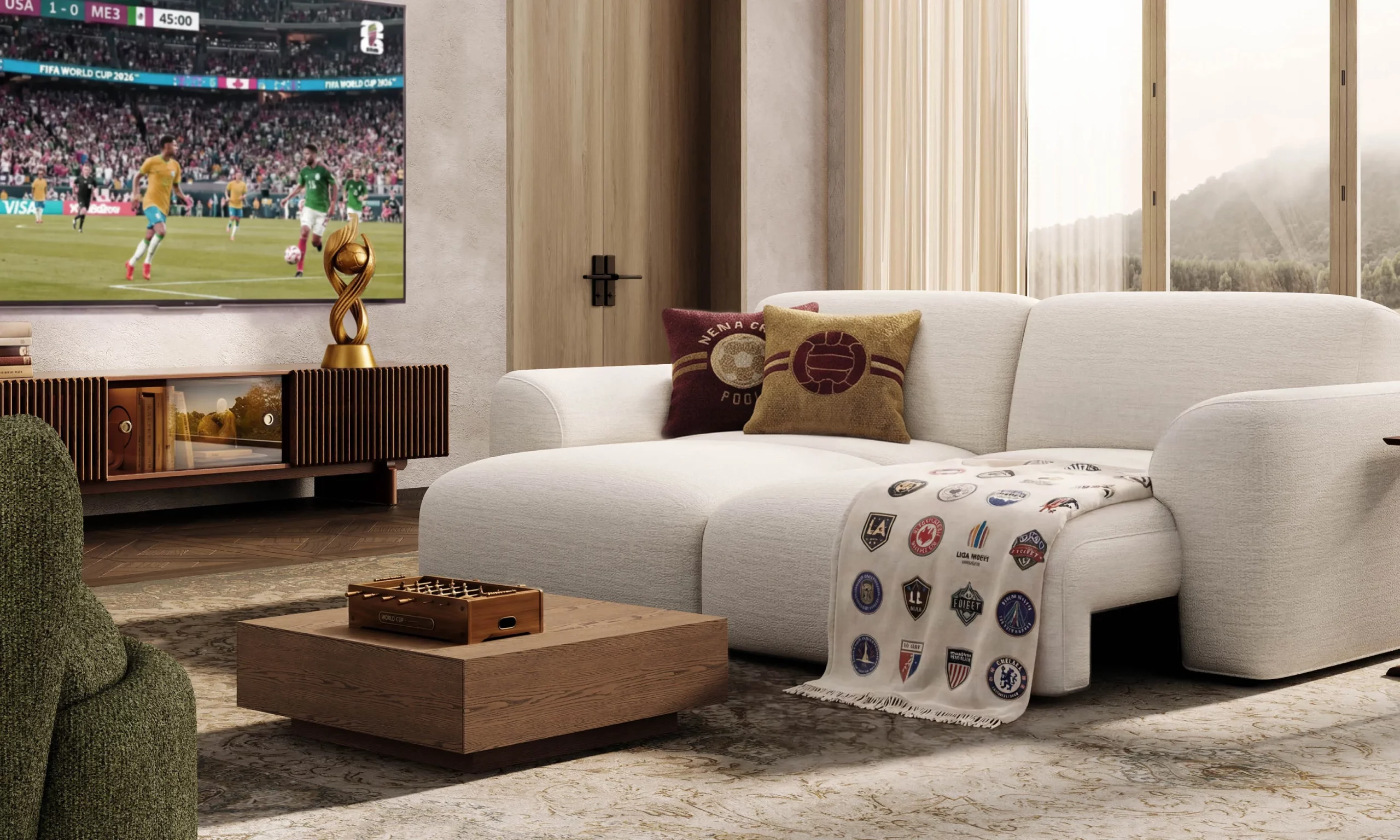 Modern apartment living room with cream sofa, wooden coffee table, TV console, and soft natural light for a move-in ready home.