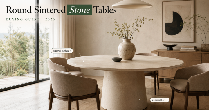 Round sintered stone table with a textured beige pedestal base and matching upholstered chairs in a Japandi dining room.