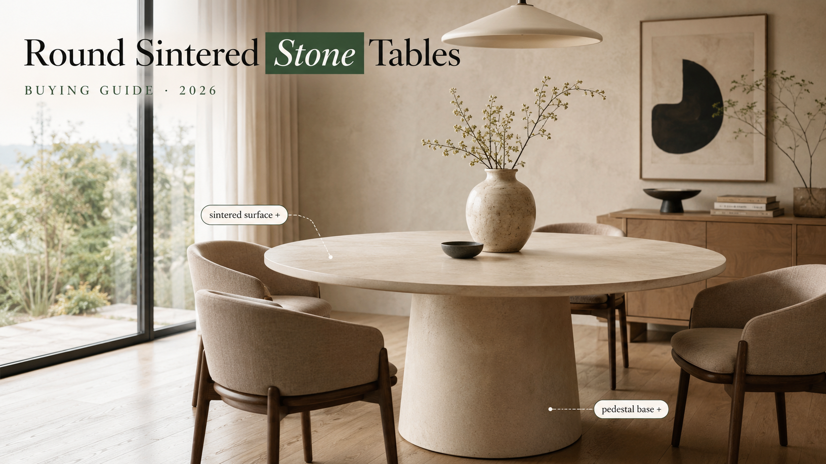 Round sintered stone table with a textured beige pedestal base and matching upholstered chairs in a Japandi dining room.