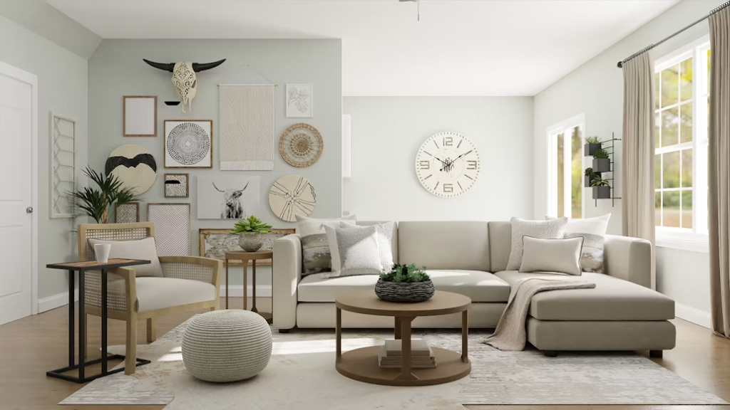 Circular wooden living room table sets styled with a warm beige sectional sofa and southwest wall decor.