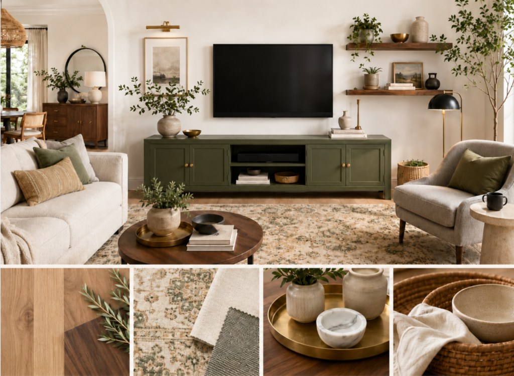 Olive green media console in a warm neutral living room with cream seating, wood shelves, brass accents, patterned rug, plants, and natural material details.