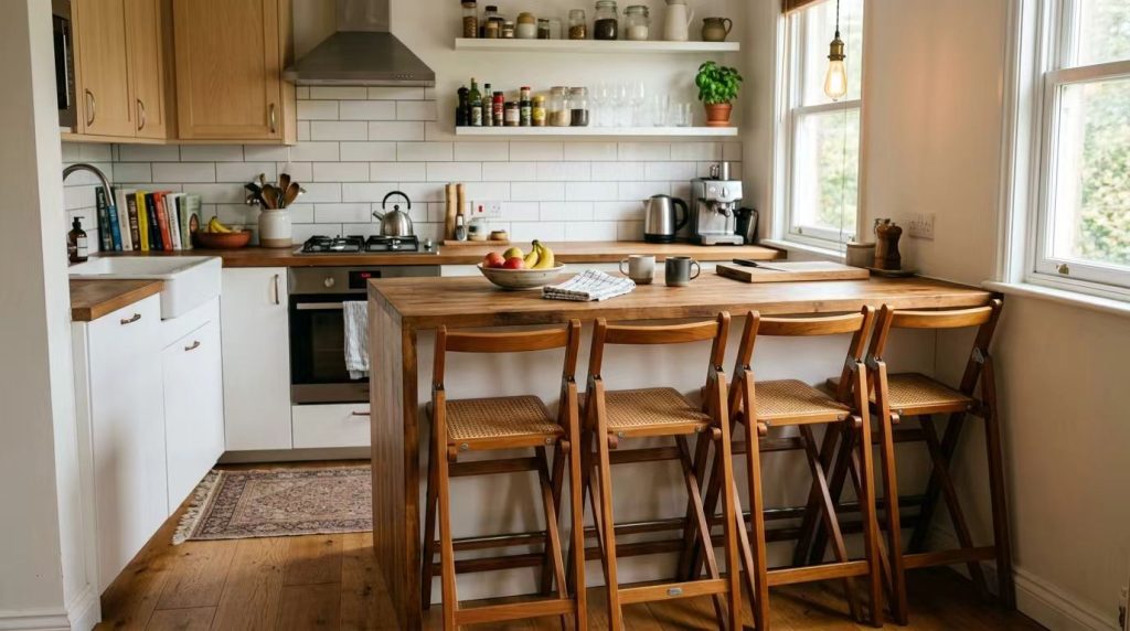 Four classic wooden folding bar stools with woven rattan seats lined up at a rustic wood kitchen counter.