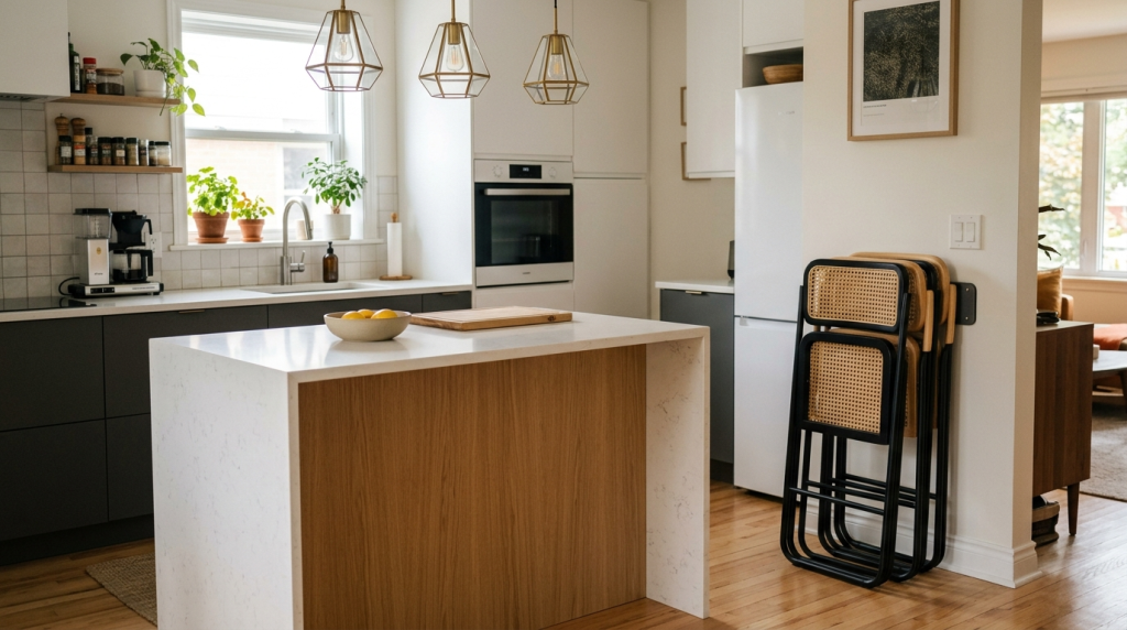 A set of black frame folding bar stools with rattan inserts folded and neatly stacked against a kitchen wall.