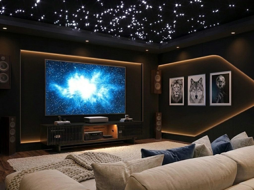 Dark home theater with a large screen, starry ceiling lights, a beige sectional sofa, and a black media console with surround speakers.