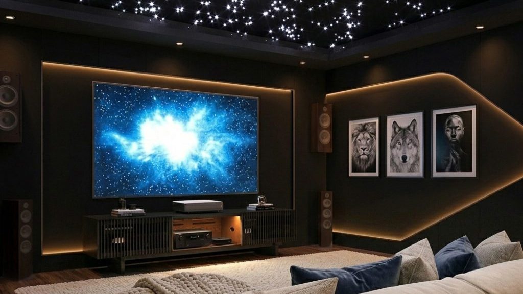 Arboren-71'' Mid-Century Modern TV Stand with storage for consoles and soundbars below a wall-mounted tv in a cozy living room for movie nights