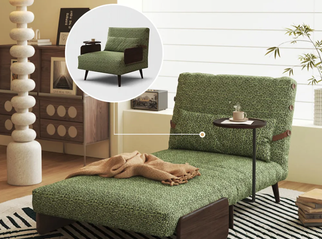 A green tweed textured power recliner daybed featuring an attached circular tea tray table in a cozy room.