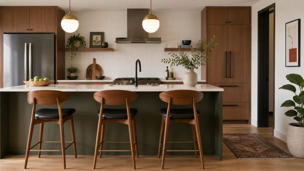 Premium walnut mid-century bar stools with black leather seats placed at an olive green kitchen island.