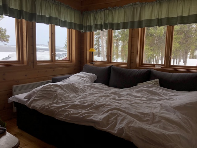 a dark sofa bed next to window