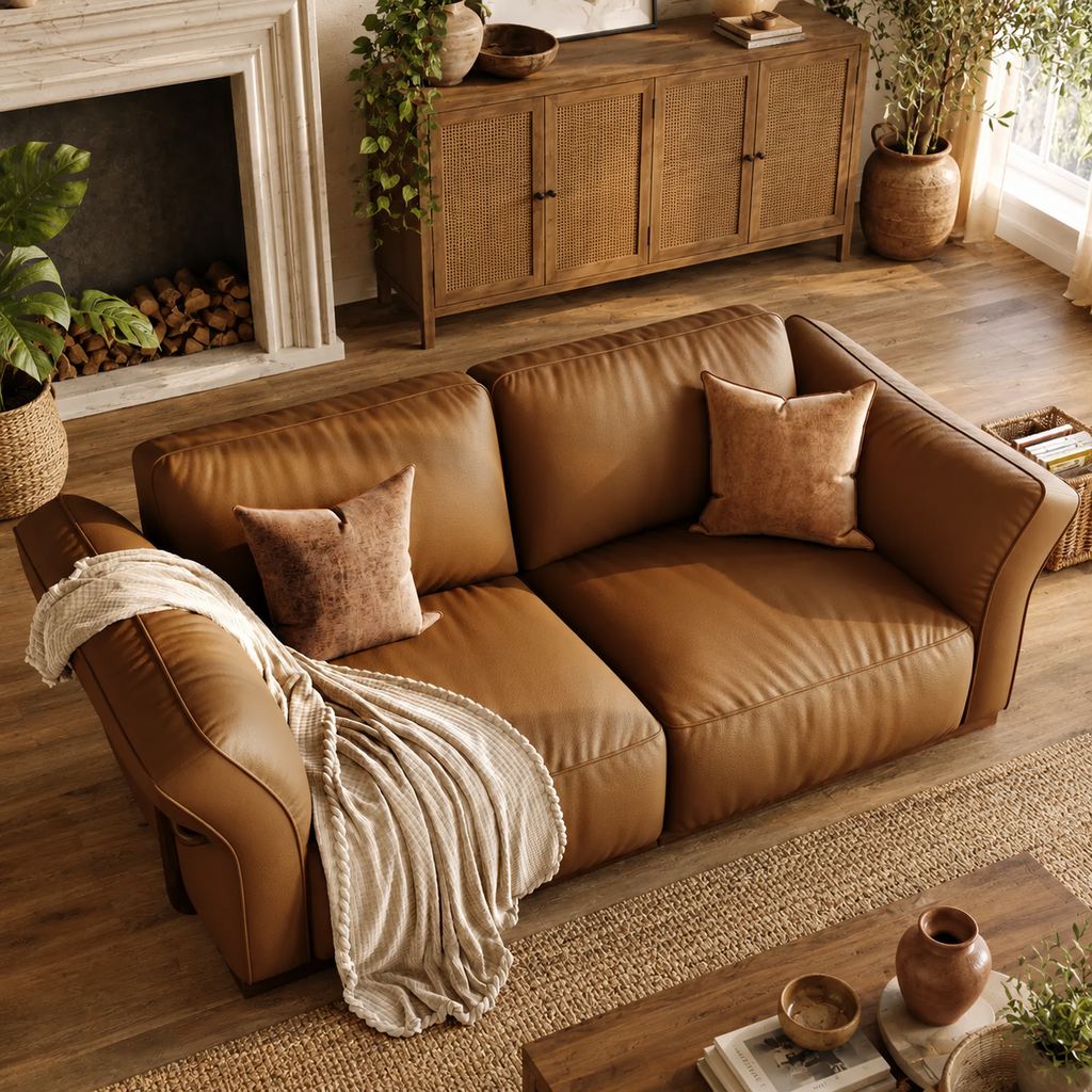 Warm living room with a brown leather sofa, wood cabinet, indoor plants, woven textures, and natural decor in an earthy home setting.