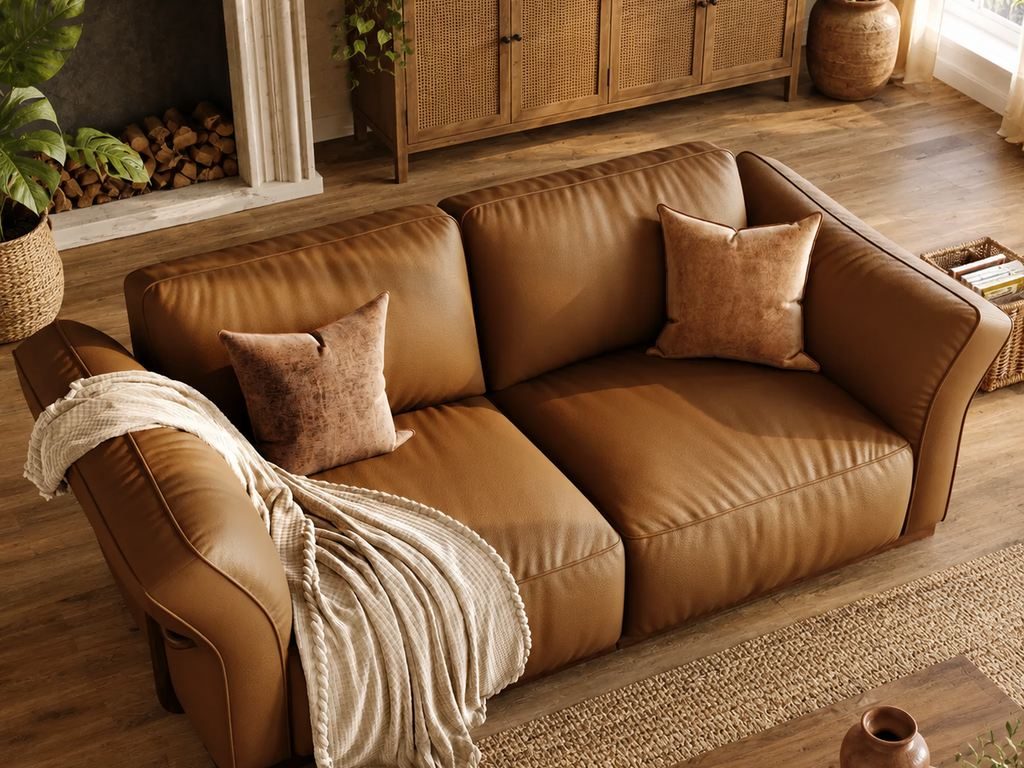 Modern boho living room with caramel leather sofa, rattan sideboard, jute rug, leafy plants, warm wood accents, and earthy ceramic decor.