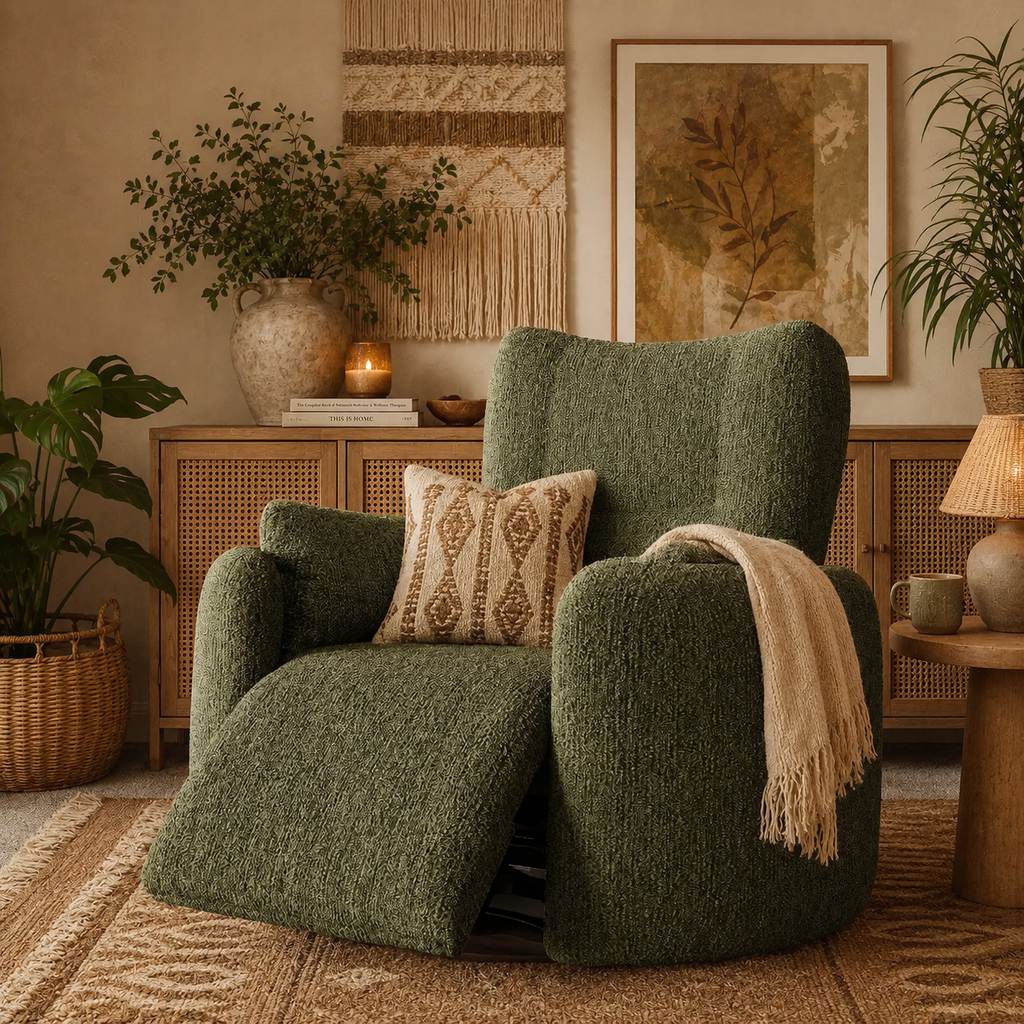 Boho living room with olive green recliner, rattan cabinet, woven wall hanging, patterned rug, leafy plants, ceramic decor, and warm earthy lighting.