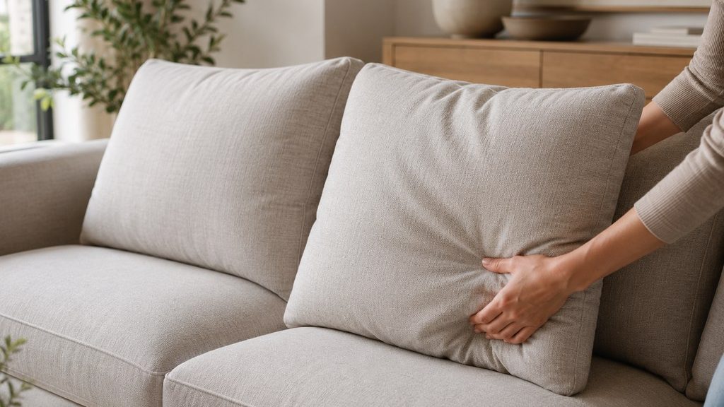 Hands fluffing a beige sofa back pillow in a warm modern living room with neutral cushions, wood furniture, and soft natural light.