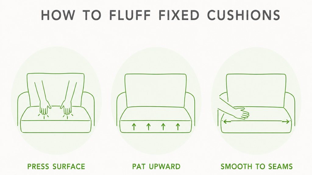 three steps to fluff fixed cushions: press surface, pat upward, and smooth to seams