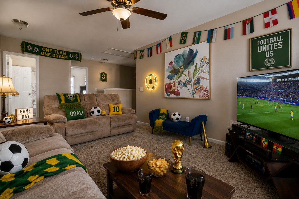 Cozy living room decorated for a World Cup watch party with international flags, soccer-themed pillows and scarves, snacks on the coffee table, and a live match playing on the TV.