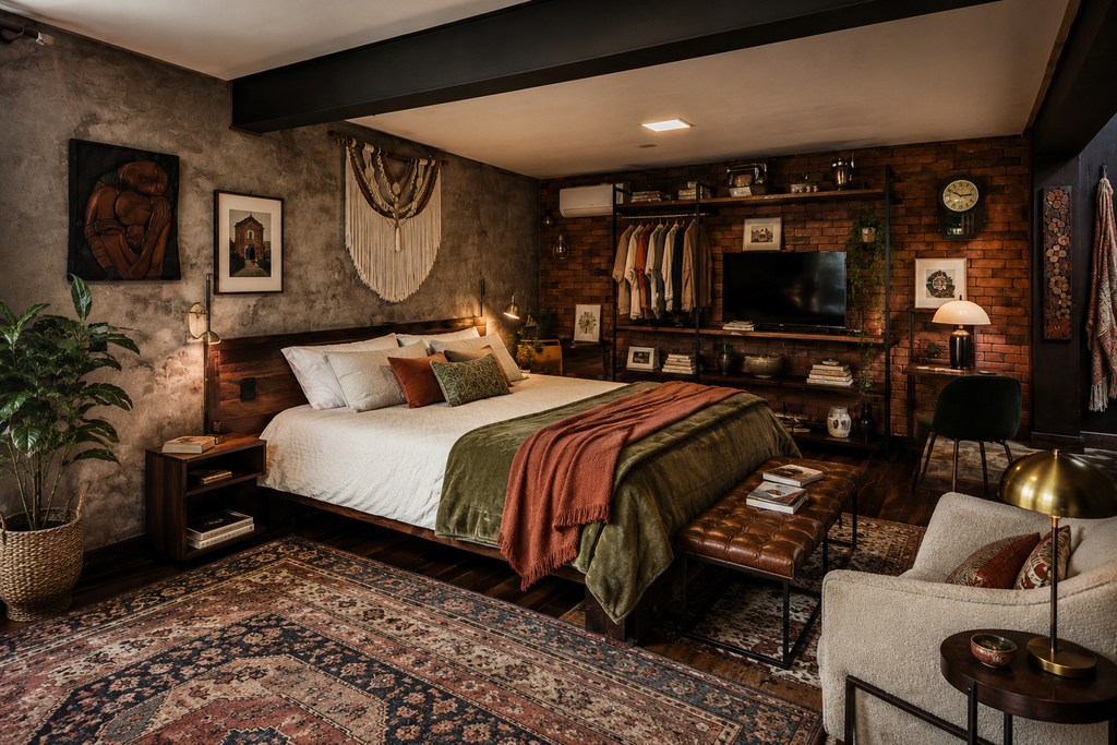 Rustic eclectic bedroom with layered bedding, vintage rug, brick wall, wood furniture, indoor plants, leather bench, warm lighting, and collected decor.