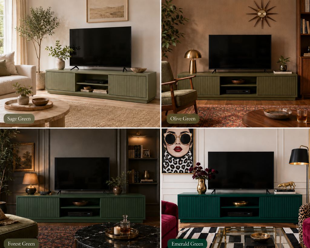 four types of green media console: sage green, olive green, forest green, and emerald green