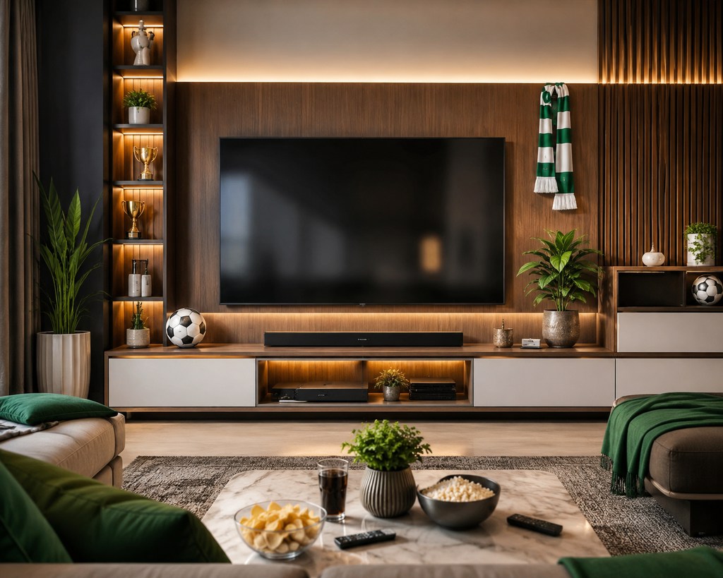 Modern TV stand setup with soccer decor, hidden storage, soundbar, snacks, and cozy green accents for World Cup watching.