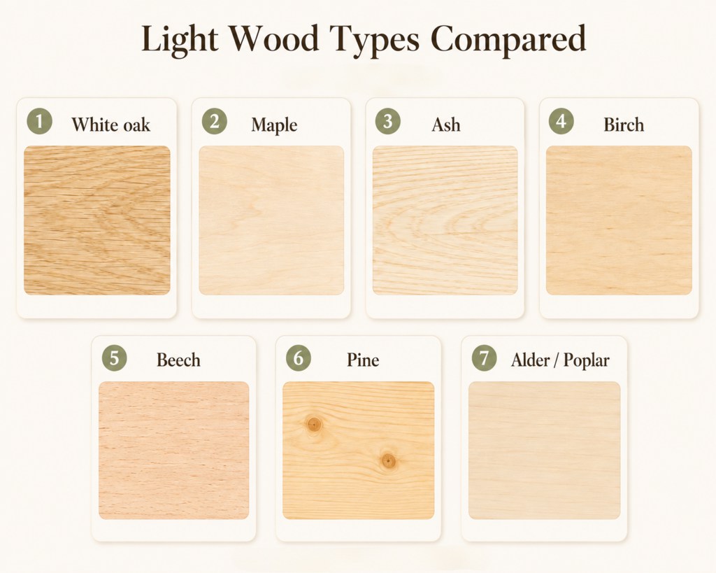 light wood types comparison: white oak, maple, ash, birch, beech, pine and alder/poplar