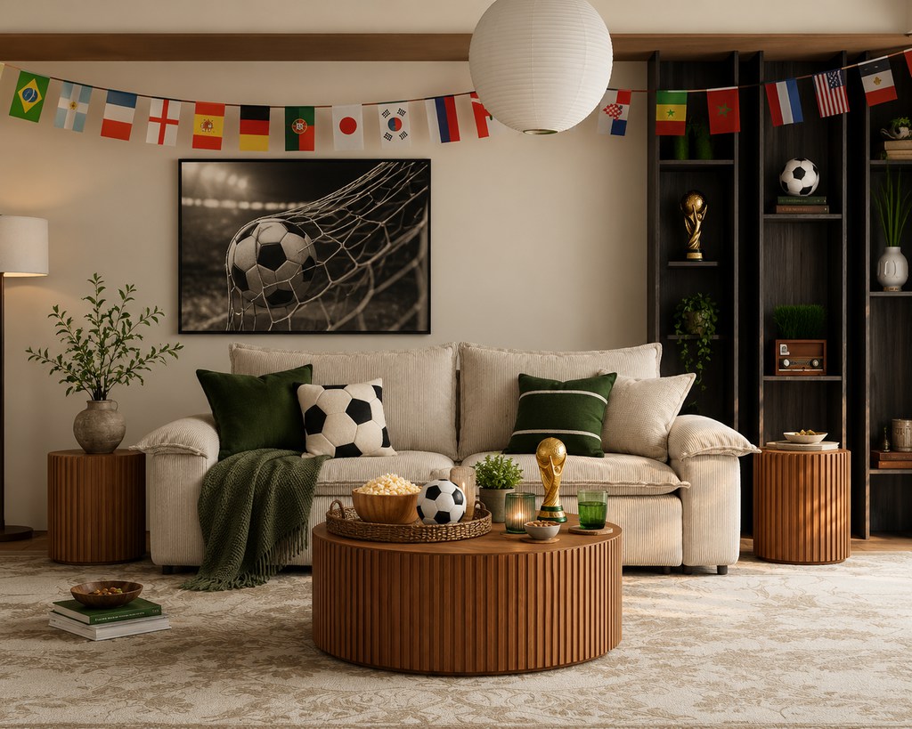 World Cup-themed living room with cream sofa, green pillows, soccer wall art, international flag banner, round wood coffee table, snacks, trophy, and soccer decor.