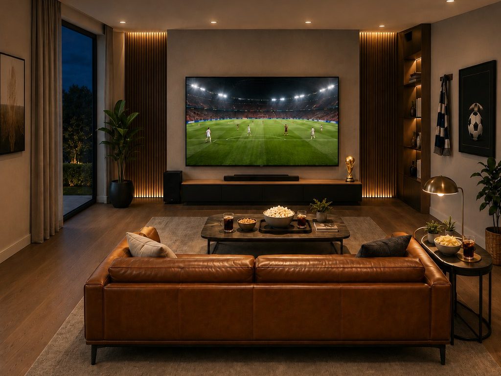 Brown leather sofa facing a wall-mounted TV showing a soccer match in a warm modern living room with snacks and side tables.