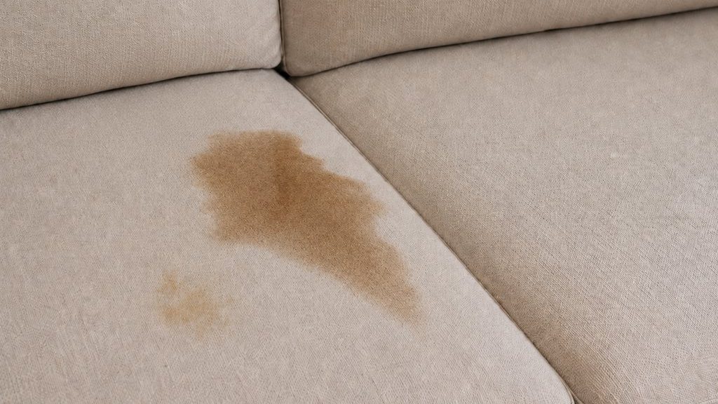 Light beige fabric sofa with visible drink spill and food grease stains on the seat cushion.