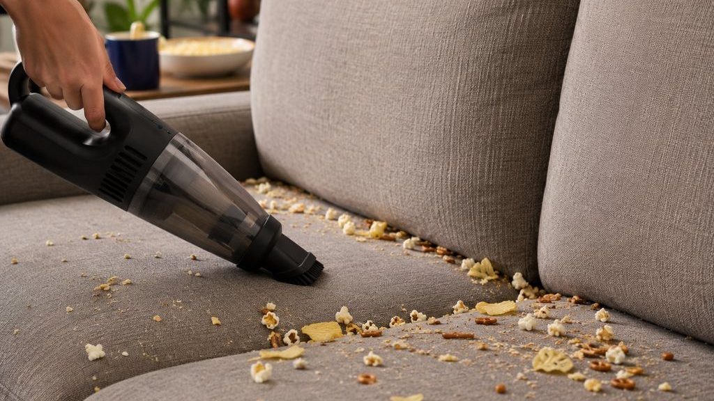 Handheld vacuum cleaning snack crumbs and popcorn from a gray fabric sofa after a watch party.