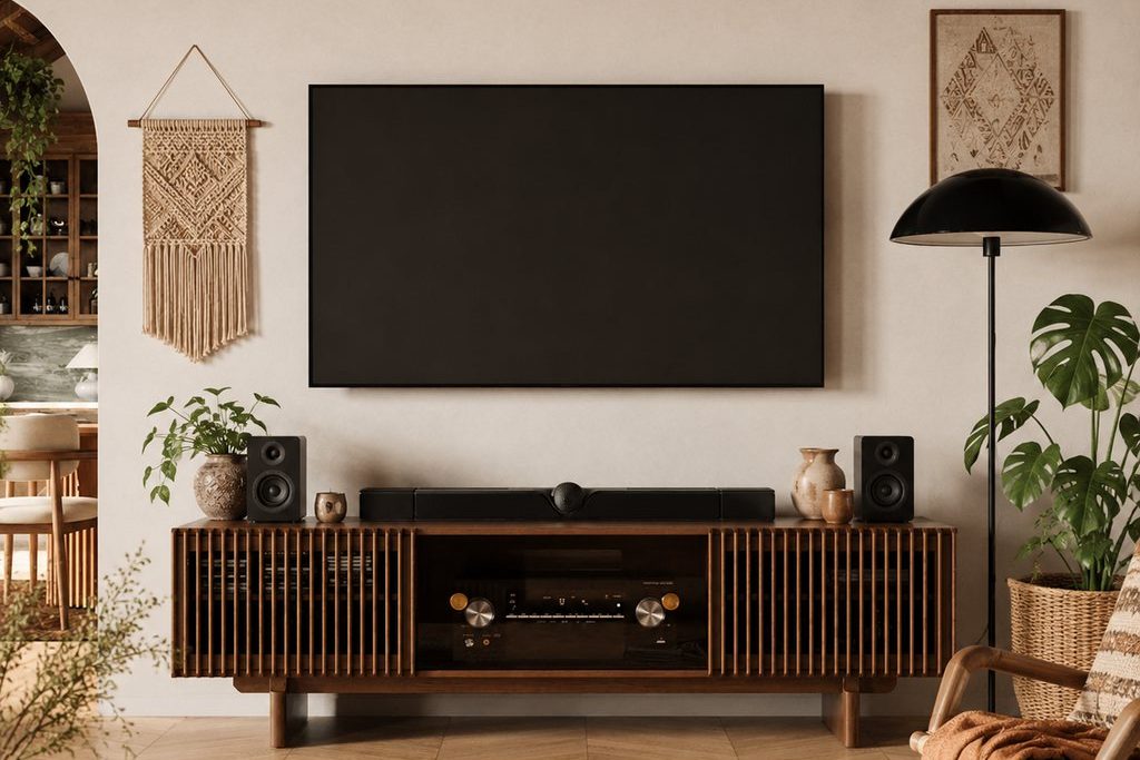 Arboren-71'' Mid-Century Modern TV Stand near a floor lamp and a plant with some vases, soundbars and a plant on top in a boho living room