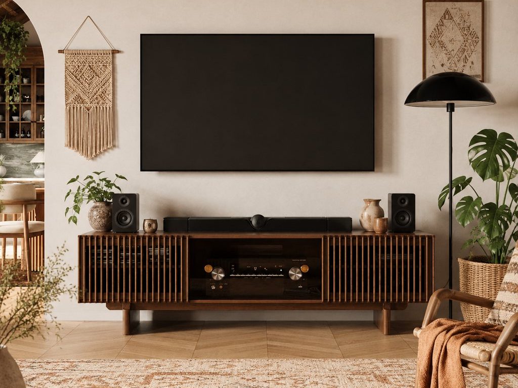 Boho living room with wall-mounted TV, dark wood slatted media console, macramé wall hanging, patterned rug, woven pouf, leafy plants, and warm natural textures.