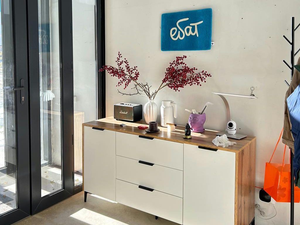 Modern white-and-wood buffet cabinet styled with a vase of red branches, table lamp, speaker, and small decor in a bright entryway.
