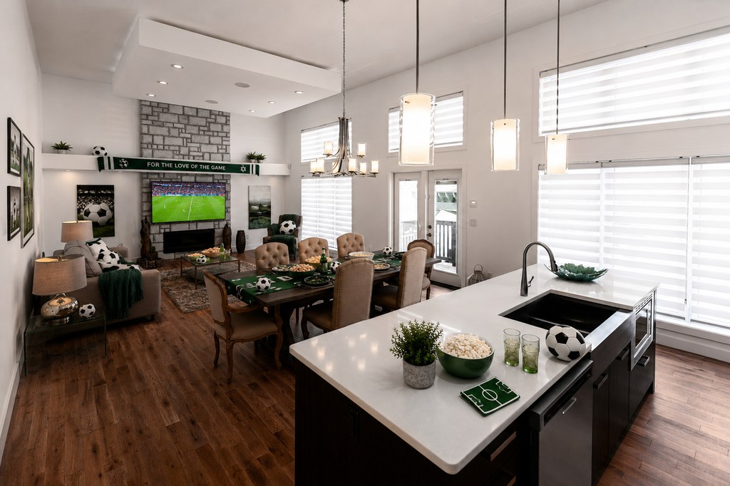Open concept kitchen, dining, and living room styled for a World Cup watch party with soccer-themed decor, game-day snacks, and a live match on the TV.