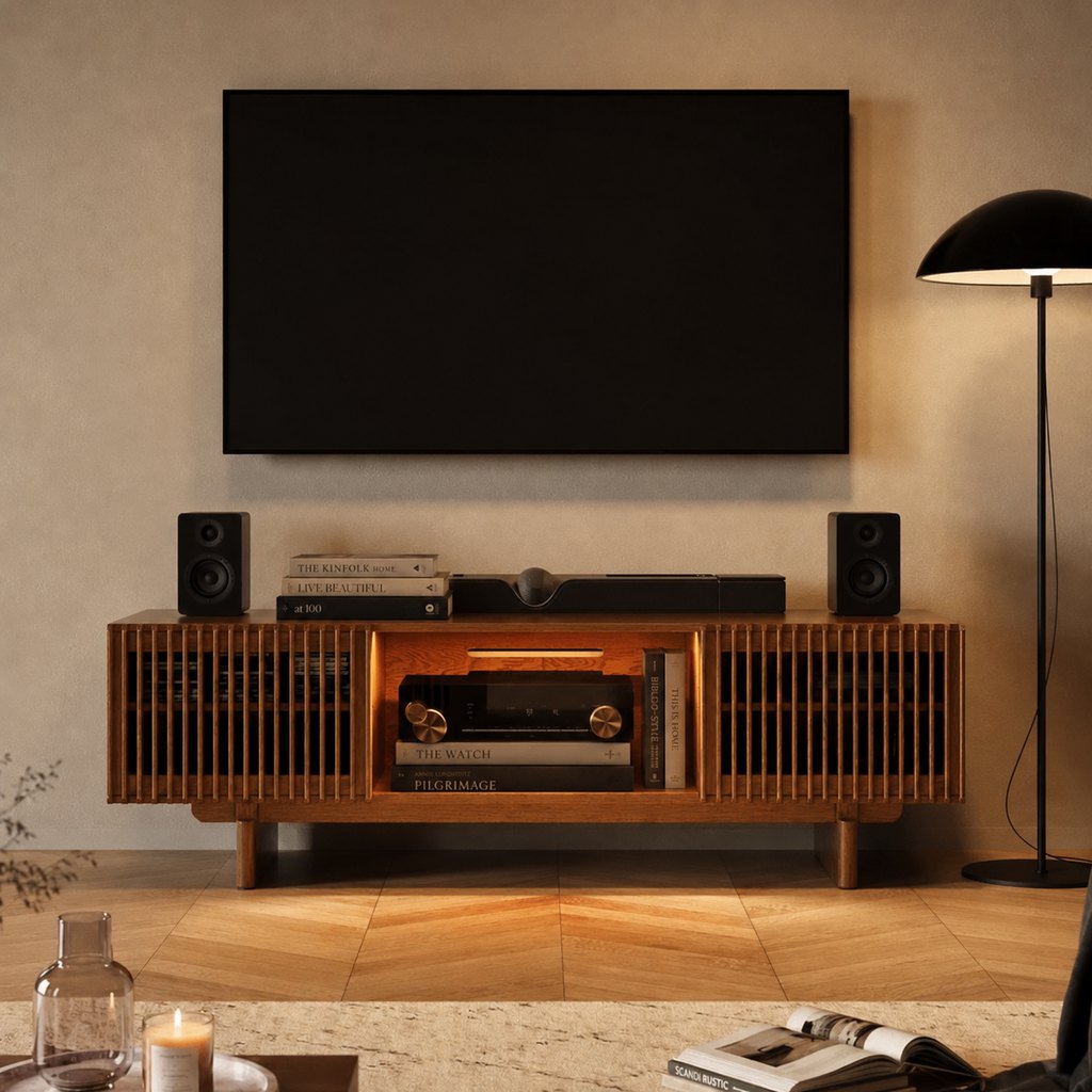 Walnut slatted TV stand beneath a wall-mounted TV, styled with stacked books and a few upright titles around the media equipment for a warm library-inspired living room.